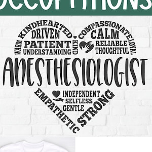 Puede incluir: Un diseño gráfico en blanco y negro de un corazón con la palabra "Anestesiólogo" en el centro. El corazón está rodeado de palabras que describen las cualidades de un anestesiólogo, como "bondadoso", "compasivo", "impulsivo", "paciente", "comprensivo", "tranquilo", "fiable", "atento", "independiente", "desinteresado", "amable", "empático" y "fuerte".