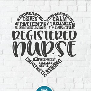 May include: A black and white graphic design of a heart with the words "Registered Nurse" in the centre. The heart is surrounded by words describing the qualities of a registered nurse, such as "kindhearted", "compassionate", "patient", "reliable", "strong", and "empathetic".