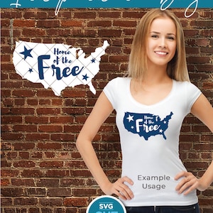 May include: A digital download of a cut file design featuring a blue outline of the United States with the text "Home of the Free" and stars. The design is shown on a white t-shirt and a brick wall background. SVG, PNG, and DXF file formats are included.