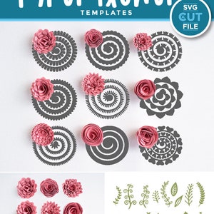 Puede incluir: Una descarga digital de archivos SVG, PNG y DXF para plantillas de flores de papel. La imagen muestra nueve dise&ntilde;os de flores diferentes con un patr&oacute;n en espiral, y nueve dise&ntilde;os de hojas y tallos diferentes. Los dise&ntilde;os son en blanco y negro, y el fondo es blanco.