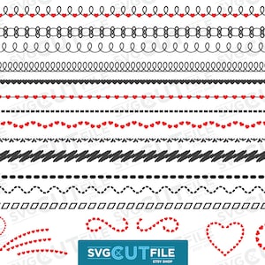 Peut inclure: Un ensemble de 14 éléments de design numérique noirs et rouges, comprenant des lignes, des bordures et des cœurs. Les éléments de design sont parfaits pour ajouter une touche de charme de la Saint-Valentin à vos projets numériques.