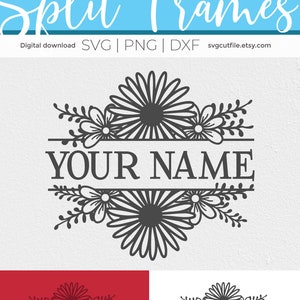 May include: A black and white split frame design with a floral motif. The design features a large daisy with smaller flowers and leaves. The text "YOUR NAME" is displayed in the center of the frame.