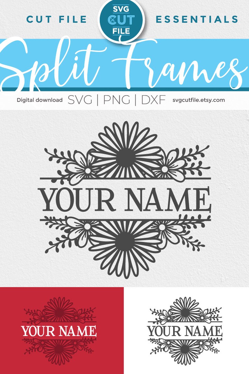 May include: A black and white split frame design with a floral motif. The design features a large daisy with smaller flowers and leaves. The text "YOUR NAME" is displayed in the center of the frame.