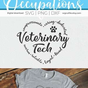 May include: A black and white graphic design for a t-shirt that says "Veterinary Tech" in a circle with the words "compassionate, caring, dedicated, warm, reliable, loyal, kind" around the outside of the circle.