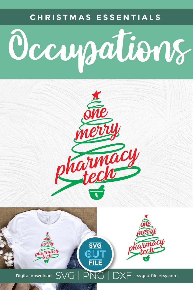 May include: A digital download of a Christmas-themed SVG cut file featuring a stylized Christmas tree with the text "one merry pharmacy tech" in red and green. The design includes a mortar and pestle symbol.