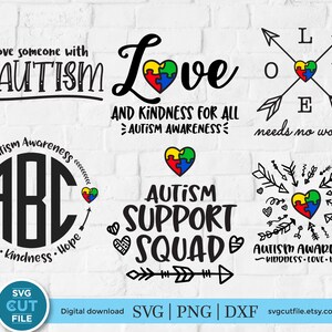 Puede incluir: Un conjunto de archivos de corte digital para proyectos de manualidades que presentan la frase "Amo a alguien con autismo" con un corazón de pieza de rompecabezas, "Amor y amabilidad para todos la conciencia del autismo" con un corazón de pieza de rompecabezas, "Conciencia del autismo ABC amor amabilidad esperanza" con un monograma circular, "Escuadrón de apoyo al autismo" con un corazón de pieza de rompecabezas, y "El amor no necesita palabras" con un corazón de pieza de rompecabezas y flechas.