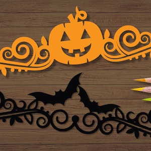 May include: Two Halloween-themed decorative borders, one with a pumpkin and the other with a bat, both with intricate black and orange floral designs.
