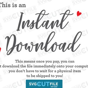 Puede incluir: Fondo blanco con el texto "This is an Instant Download" en una fuente elegante. Dos corazones rojos acent&uacute;an el texto. Texto adicional explica el proceso de descarga digital.
