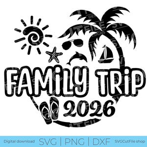 May include: Black and white graphic design with the words "FAMILY TRIP 2026" surrounded by beach-themed icons. Includes a sun, starfish, sunglasses, dolphin, sailboat, palm trees, and flip-flops.