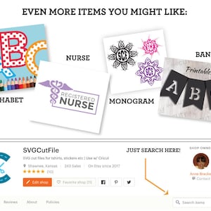 May include: A screenshot of an Etsy shop page for SVG cut files. The shop owner is selling digital files for t-shirts, stickers, and other crafts. The shop has a 5-star rating and over 200 sales. The shop owner is offering a variety of designs, including alphabet letters, a nurse logo, a monogram, and a banner. The shop owner is also offering a free printable banner.