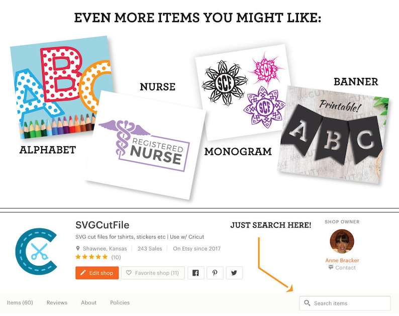 May include: A screenshot of an Etsy shop page for SVG cut files. The shop owner is selling digital files for t-shirts, stickers, and other crafts. The shop has a 5-star rating and over 200 sales. The shop owner is offering a variety of designs, including alphabet letters, a nurse logo, a monogram, and a banner. The shop owner is also offering a free printable banner.