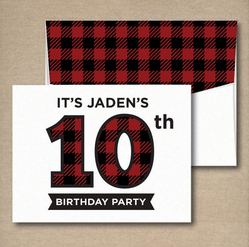 May include: A red and black buffalo plaid birthday party invitation with the text "It's Jaden's 10th Birthday Party".