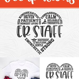 May include: A digital design featuring the words "ER STAFF" in a heart shape, surrounded by positive attributes like "kindhearted" and "strong." The design is available as an SVG cut file, perfect for crafting.