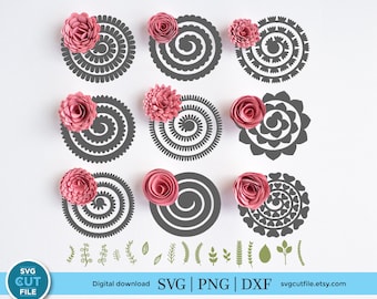 Rolled flower svg, rolled paper flowers svg, rolled rose svg, template, bundle, 3D felt fabric, foliage leaves svg file, rosette svg dxf png