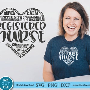 May include: A digital download of a heart-shaped design with the words "Registered Nurse" in the centre. The heart is surrounded by words describing the qualities of a registered nurse, such as "kindhearted", "compassionate", "driven", "patient", "calm", "reliable", "thoughtful", "understanding", "loving", "independent", "selfless", "gentle", "empathetic", and "strong".