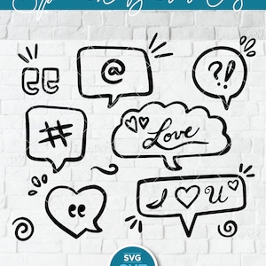 May include: A set of black and white speech bubbles with different shapes and designs, including hearts, hashtags, and at symbols. The speech bubbles are on a white brick background.