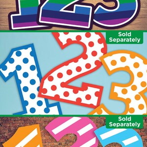 May include: Three sets of birthday numbers 1, 2, and 3. The first set is rainbow colored, the second set is red and white polka dots, and the third set is striped with orange, pink, and blue.