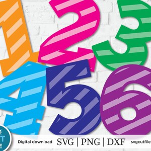May include: Six colorful numbers with diagonal stripes. The numbers are 1, 2, 3, 4, 5, and 6. The numbers are in different colors: orange, pink, green, blue, purple, and dark blue.