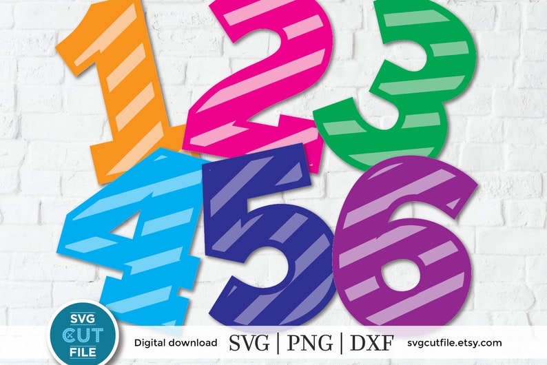 May include: Six colorful numbers with diagonal stripes. The numbers are 1, 2, 3, 4, 5, and 6. The numbers are in different colors: orange, pink, green, blue, purple, and dark blue.