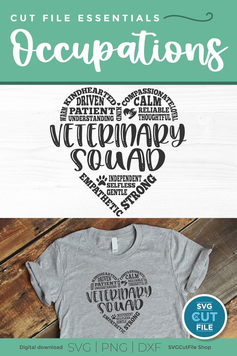 May include: A gray t-shirt with a black heart-shaped design. The heart is filled with words describing the qualities of a veterinarian, such as "kindhearted", "driven", "patient", "calm", "understanding", "thoughtful", "independent", "selfless", "gentle", "strong", and "empathetic". The words "Veterinary Squad" are in the center of the heart.