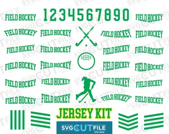 Può includere: Design di kit per maglie da hockey su prato verde e bianco con i numeri da 1 a 9, una mazza e una palla, e il testo "FIELD HOCKEY" e "JERSEY KIT".
