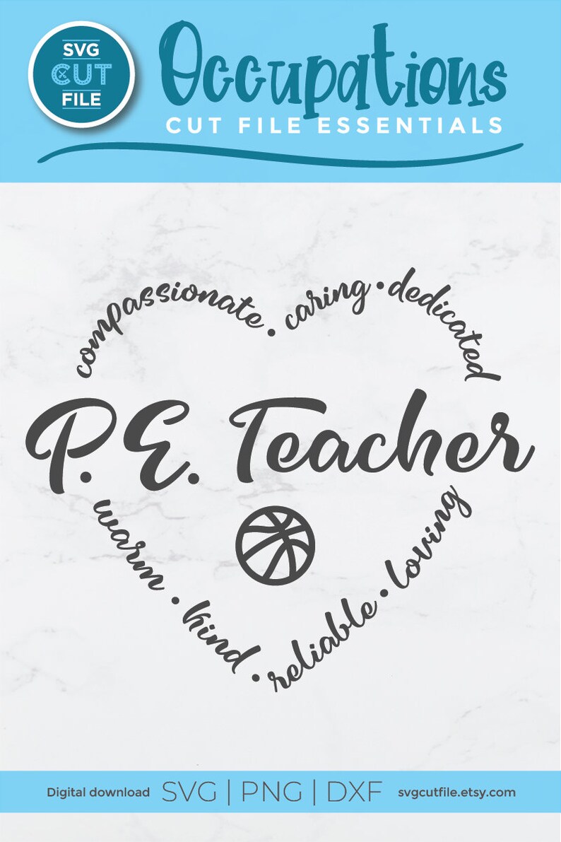 Peut inclure: Un fichier de d&eacute;coupe num&eacute;rique SVG en noir et blanc pour un professeur d'EPS. Le design pr&eacute;sente un ballon de basket et les mots "compassionn&eacute;, attentionn&eacute;, d&eacute;vou&eacute;, chaleureux, gentil, fiable, aimant".