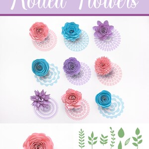 Pu&ograve; includere: Un download digitale di file di taglio SVG per fiori di carta arrotolati. L'immagine mostra una variet&agrave; di fiori rosa, blu e viola, oltre a un set di foglie verdi. Il testo "CUT FILE ESSENTIALS Rolled Flowers" &egrave; in cima all'immagine.