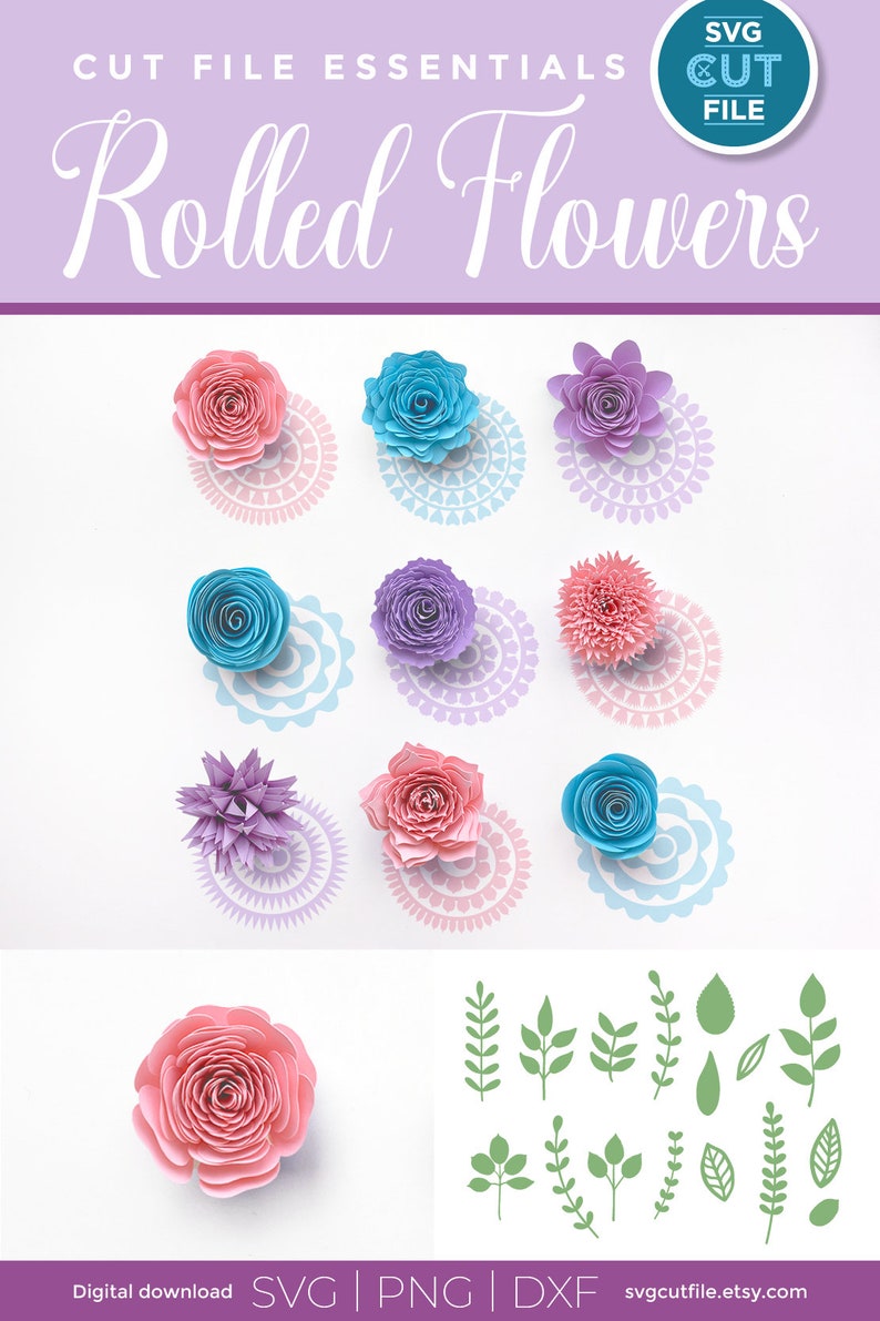 Pu&ograve; includere: Un download digitale di file di taglio SVG per fiori di carta arrotolati. L'immagine mostra una variet&agrave; di fiori rosa, blu e viola, oltre a un set di foglie verdi. Il testo "CUT FILE ESSENTIALS Rolled Flowers" &egrave; in cima all'immagine.