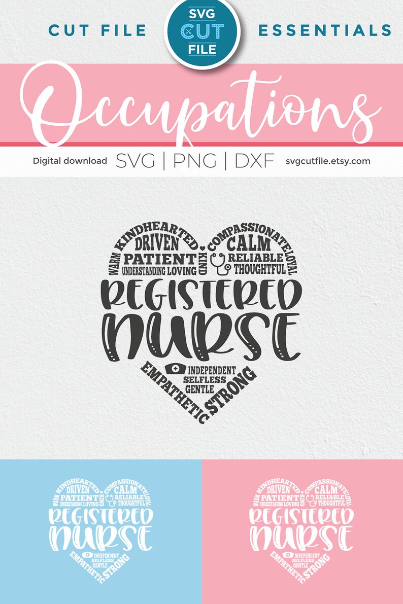 May include: A black and white graphic design of a heart with the words "Registered Nurse" in the centre. The heart is surrounded by words describing the qualities of a registered nurse, such as "kindhearted", "compassionate", "driven", "patient", "calm", "reliable", "thoughtful", "independent", "selfless", "gentle", and "strong".