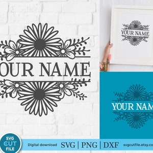 May include: A black and white floral design with a split monogram that says "YOUR NAME". The design is perfect for creating personalized crafts.