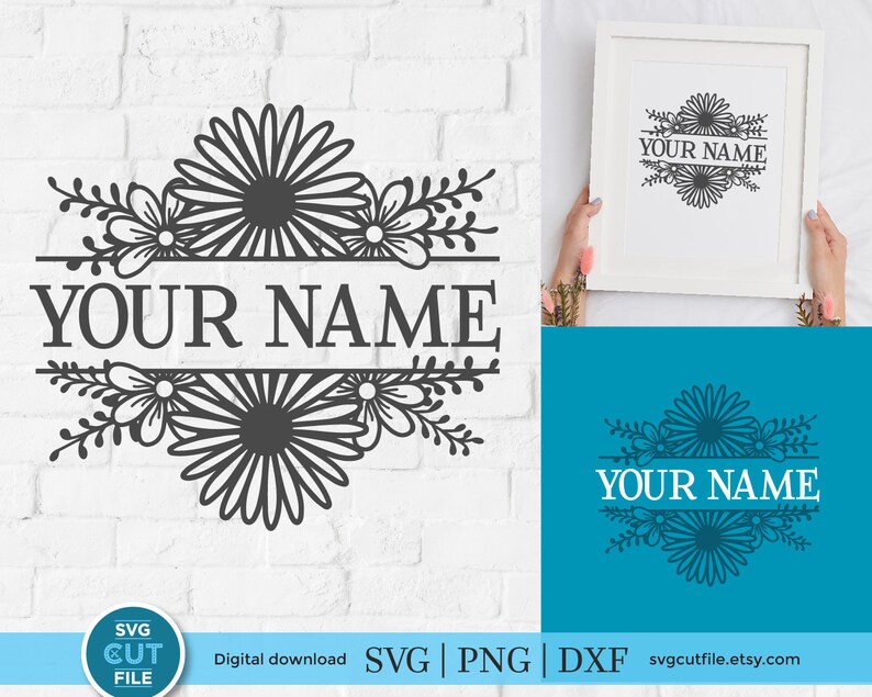 May include: A black and white floral design with a split monogram that says "YOUR NAME". The design is perfect for creating personalized crafts.