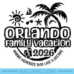 May include: A black and white graphic design for an Orlando family vacation in 2026. Features illustrations of a sun, sailboat, sunglasses, starfish, palm trees, and dolphins. The text includes "Making Memories That Last a Lifetime".