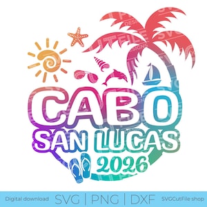Op de afbeelding: Een kleurrijk grafisch ontwerp met de tekst "CABO SAN LUCAS 2026" en strandpictogrammen zoals een palmboom, zon, zeester, zonnebril en zeilboot. Het ontwerp gebruikt tinten oranje, roze, paars, blauw en groen.