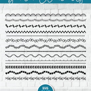 May include: A set of 10 black and white border design elements for digital cutting machines. The designs include a variety of shapes, such as hearts, diamonds, and waves. The text "CUT FILE ESSENTIALS Border Elements" is at the top of the image.