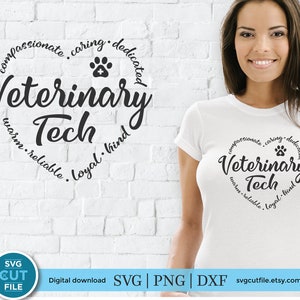 May include: A black and white graphic design of a circle with the words "Veterinary Tech" in a heart shape. The words "compassionate, caring, dedicated, warm, reliable, loyal, kind" are written around the heart shape. A paw print with a plus sign is inside the heart shape.