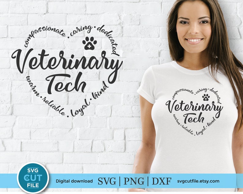 May include: A black and white graphic design of a circle with the words "Veterinary Tech" in a heart shape. The words "compassionate, caring, dedicated, warm, reliable, loyal, kind" are written around the heart shape. A paw print with a plus sign is inside the heart shape.