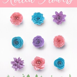 Pu&ograve; includere: Un set di nove file di taglio digitali per fiori di carta arrotolati in rosa, blu e viola. I file includono una variet&agrave; di forme e dimensioni di fiori, nonch&eacute; foglie. I file sono disponibili nei formati SVG, PNG e DXF. Download digitale. SVG | PNG | DXF svgcutfile.etsy.com