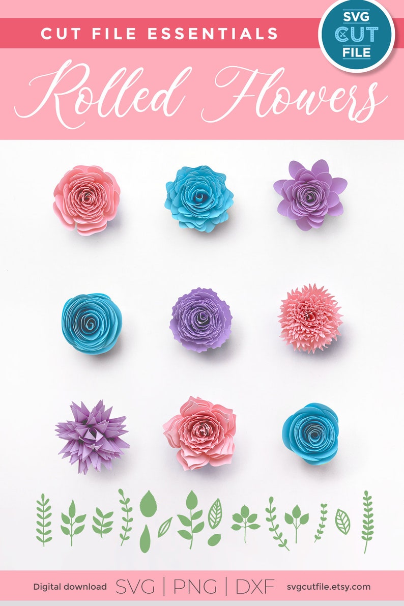 Pu&ograve; includere: Un set di nove file di taglio digitali per fiori di carta arrotolati in rosa, blu e viola. I file includono una variet&agrave; di forme e dimensioni di fiori, nonch&eacute; foglie. I file sono disponibili nei formati SVG, PNG e DXF. Download digitale. SVG | PNG | DXF svgcutfile.etsy.com