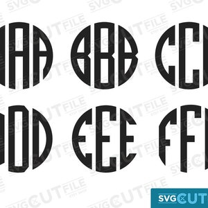 May include: Six black and white monogram designs with different letters. The letters are in a circle and are outlined in black. The letters are A, B, C, D, E, and F.
