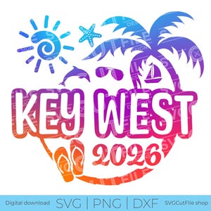 May include: A colorful Key West 2026 design featuring a sun, starfish, dolphin, sunglasses, sailboat, and palm tree. The words "KEY WEST" are in large, stylized letters, with flip-flops at the bottom. The design is in shades of blue, purple, orange, and pink.