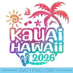 May include: A colorful graphic design with the words "Kauai Hawaii 2026" in white, surrounded by beach-themed illustrations like a sun, sailboat, sunglasses, starfish, and palm tree. The design has a gradient color scheme.