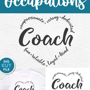 May include: A digital download of an SVG cut file for a Coach design. The design features the word "Coach" in a circle with the words "compassionate, caring, dedicated, fun, reliable, loyal, kind" surrounding it.