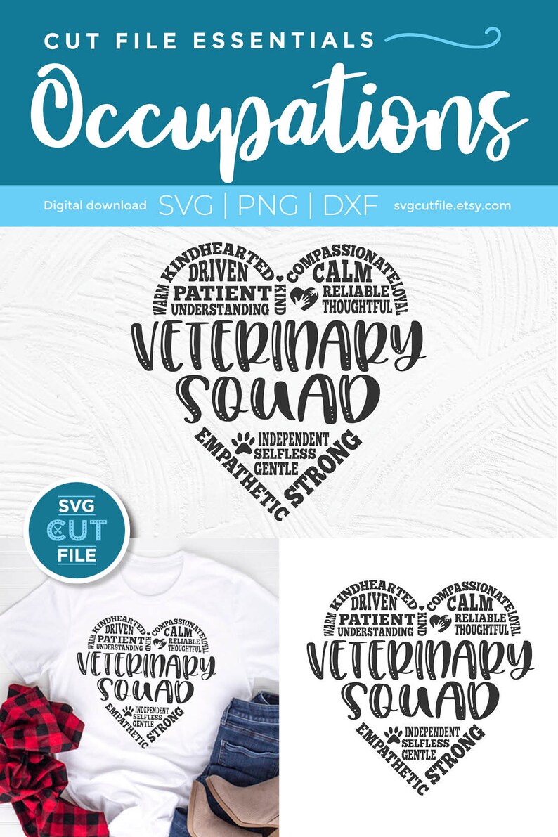 May include: A black and white graphic design of a heart with the words "Veterinary Squad" inside. The heart is surrounded by words describing the qualities of a veterinarian, such as "kindhearted", "compassionate", "driven", "patient", "calm", "reliable", "understanding", "thoughtful", "independent", "selfless", "gentle", "strong", and "empathetic".