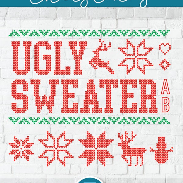 Ugly Christmas Sweater font svg, Tacky Christmas jumper svg, cross stitch letters, Christmas reindeer text letter, alphabet number svg, dxf