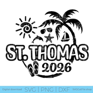 Puede incluir: Diseño gráfico en blanco y negro con las palabras "St. Thomas 2026". Incluye un sol, una palmera, gafas de sol, un delfín, una estrella de mar, un velero y chanclas, en un círculo.