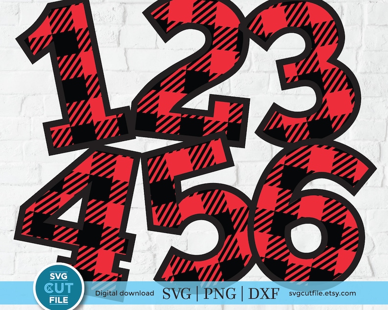May include: Red and black buffalo plaid numbers 1, 2, 3, 4, 5, and 6.  The numbers are outlined in black and have a white background.