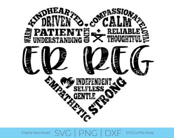 May include: Black and white heart-shaped design with the words "ER REG" in the center. The heart is surrounded by words describing positive personality traits, such as "kindhearted", "driven", "patient", "calm", "reliable", "thoughtful", "independent", "selfless", "gentle", "strong", and "empathetic".