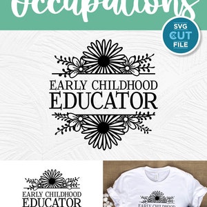 May include: A digital download of a cut file design featuring the text "Early Childhood Educator" surrounded by a floral wreath. The design is available in SVG, PNG, and DXF formats.