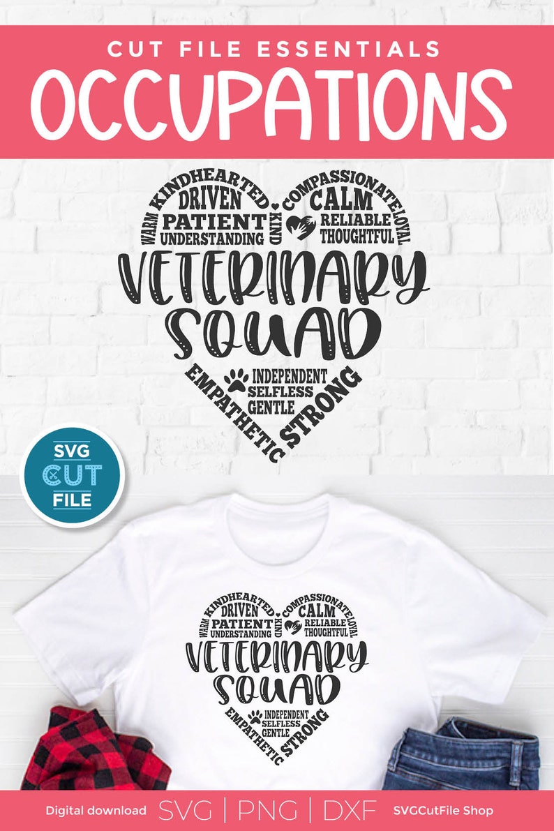 May include: A white t-shirt with a black heart-shaped design that says "Veterinary Squad" with words describing the qualities of a veterinarian around the heart.
