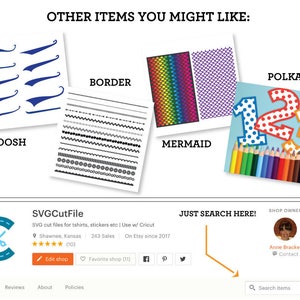 May include: A collection of digital design elements for use with Cricut cutting machines. The designs include a swoosh, a border, a mermaid scale pattern, and polka dots. The text "SVGCutFile" is displayed on the image.